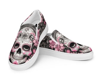 Women’s Sugar Skull Canvas Shoes | Slip-ons | Vans Style | Pink Roses | Calaveras | Smiling | Day of the Dead | Mexican Holiday | Flats |