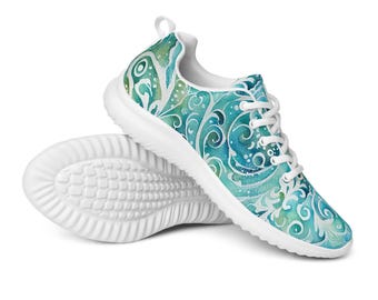 Zapatillas deportivas batik con diseño de remolino oceánico de acuarela para mujer / Calzado deportivo / Calzado informal / Ligero / Con cordones / Color aguamarina / Suela negra o blanca