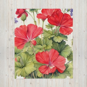 Watercolor Red Geraniums Throw Blanket: Floral Cottagecore Decor