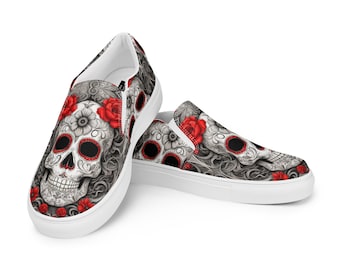 Women’s Sugar Skull Canvas Shoes | Slip-ons | Vans Style | Red Accents | Calaveras | Smiling | Day of the Dead | Mexican Holiday | Flats |