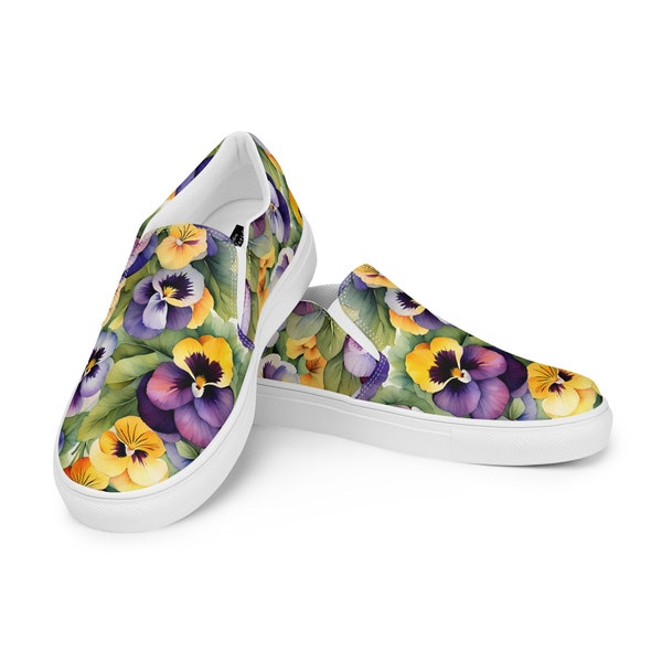 Watercolor Pansies Slip-on Shoes | Pansy Flats | Cottagecore | Garden Gift | Flower Sneakers | Original Art | Women's | February Birthday
