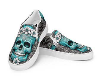 Women’s Sugar Skull Canvas Shoes | Slip-ons | Vans Style | Turquoise Blue | Calaveras | Smiling | Day of the Dead | Mexican Holiday | Aqua |