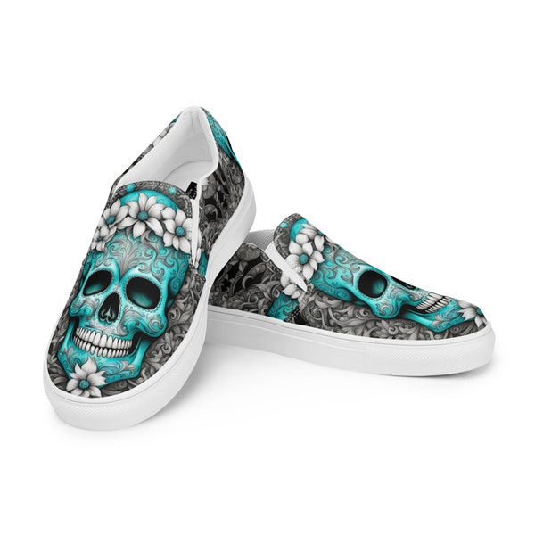 Women’s Sugar Skull Canvas Shoes | Slip-ons | Vans Style | Turquoise Blue | Calaveras | Smiling | Day of the Dead | Mexican Holiday | Aqua |