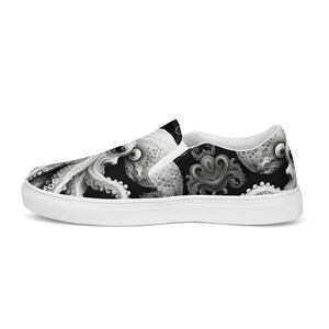 Black, white and grays combine to create these swirling, tentacled arms of this sea monster. Kraken? Octopus? Squid?  The pattern covers the front, side and back panels. The monster peeks over the heels to leave a lasting impression as you walk away.