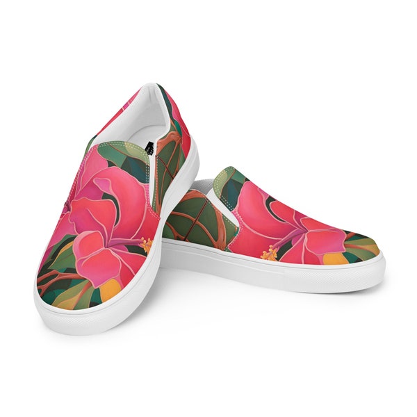 Women's Painted Bougainvillea Slip-on Shoes | Floral Flats | Cottagecore | Hawaiian | Ladies Sneakers | Original Art |  Magenta Flowers |