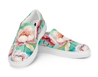 Watercolor Peony Blossom Women’s Slip-on Canvas Shoes | Pink Floral | Vans Style | Flower Sneakers | Casual Wedding Flats | Sneakers | Art