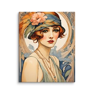 Beautiful red haired flapper woman rendered in the art nouveau style, fashion portrait, cloche hat with feather and flower, bobbed hair, serene expression. Roaring 1920s. Gatsby girl. Gallery wrapped deep canvas print. Multiple sizes. Deco gift.