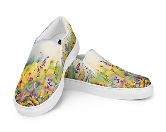 Watercolor Wildflowers Womens Slip-ons | Cottagecore | Original Art | Bright Colors | Boho Hippie Gift | Sneakers | Daisies | Flats | Shoes