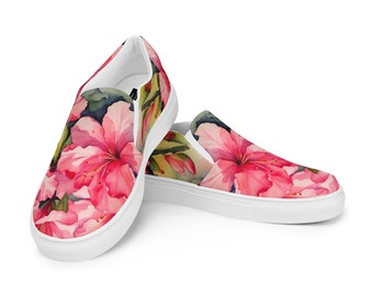 Watercolor Azalea Blossom Women’s Slip-on Canvas Shoes | Magenta Floral | Vans Style | Flower Sneakers | Casual Wedding Flats | Botanical