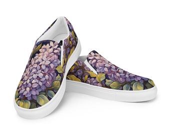 Women's Painted Lilac Slip-on Shoes | Floral Flats | Cottagecore | Garden Gift | Ladies Sneakers | Original Art | Purple Flowers |  Loafers