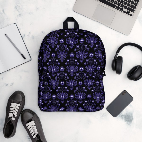 Haunted Mansion Wallpaper Pattern Backpack | Purple | Black | Foolish Mortal | Run Disney | WDW Carryall | Unisex | 999 Happy Haunts | HM