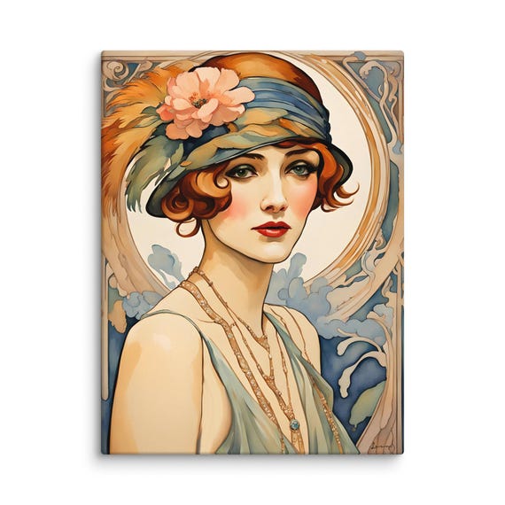 Flapper Girl Canvas Print: Art Nouveau Roaring 20s Portrait