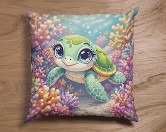 Cute Kawaii Sea Turtle Pillow Cover | Ocean Coral | LPS | Sweet | Adorable | Nursery | Kids Room | Jossissippi | Art | Sham | Case | Dorm