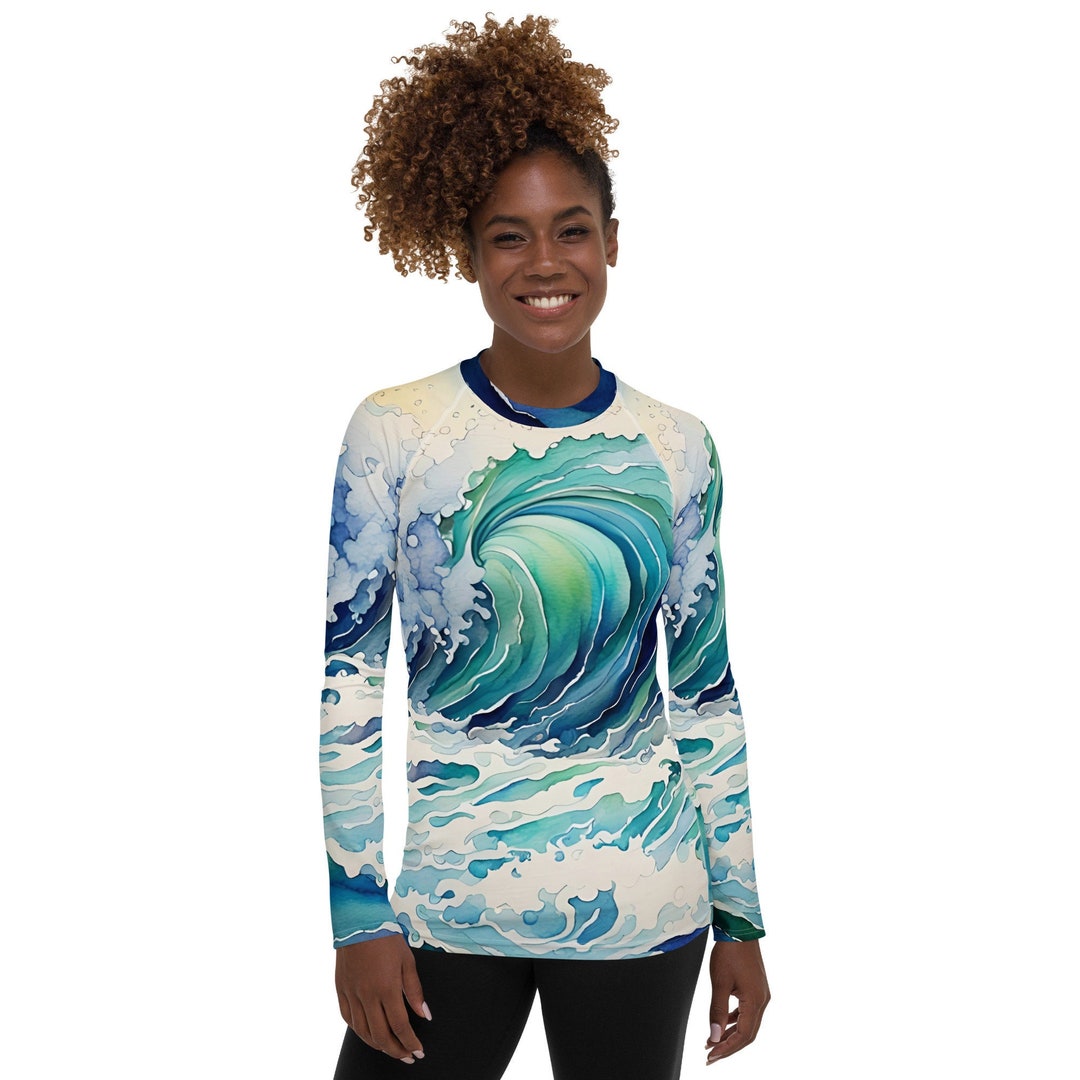 Women's Watercolor Ocean Wave Rash Guard | UPF 50+ | Sun Protection ...