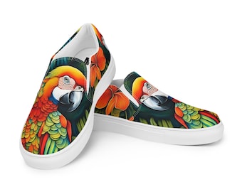 Parrot Women’s Slip-on Canvas Shoes | Macaw Sneakers | Vans Style | Ladies Casual Loafers | Flats | Bird Art | Parrothead | Hawaiian |