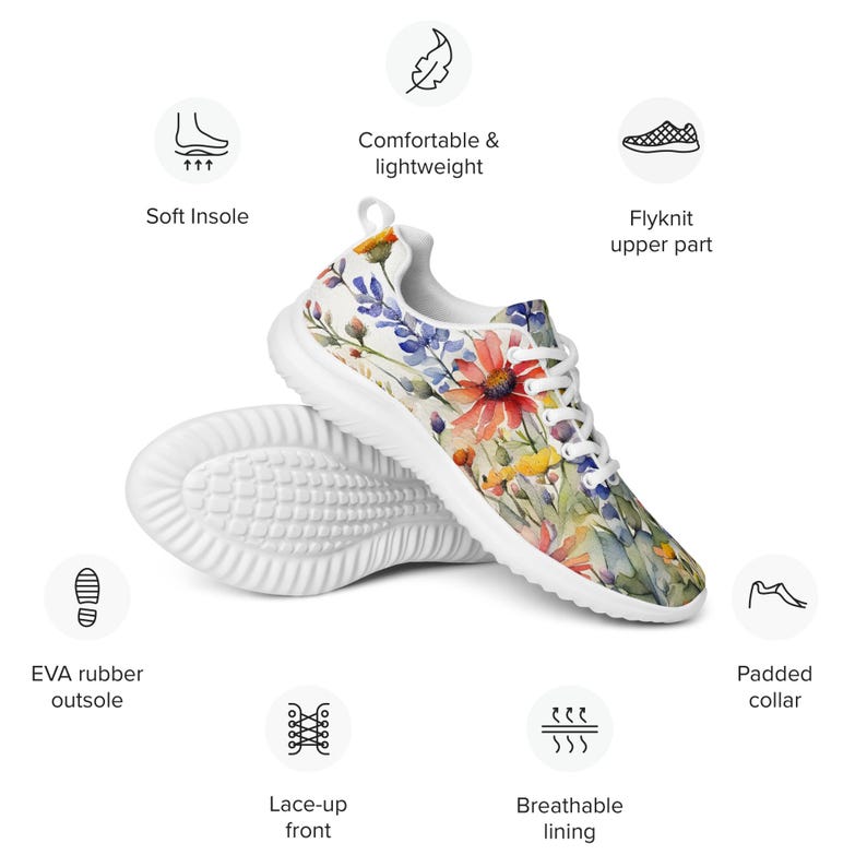 Women's Watercolor Wildflowers Sneakers : Athleisure Casual Shoes, Lightweight, Lace-up, Floral, Flowers. Vibrant watercolor wildflowers in shades of orange, blue, yellow, and pink, with green leaves and foliage, against a crisp white background. Bright white inner and outer soles, trim and shoelaces. The upper is a ultralight knit weave. These casual shoes are perfect for travel, shopping, running errands or just hanging out. Super lightweight and comfortable.