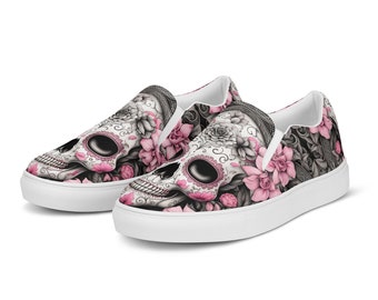 Women’s Sugar Skull Canvas Shoes Slip-ons Vans Style Pink Roses  Calaveras Smiling Day of the Dead Mexican Holiday Flats