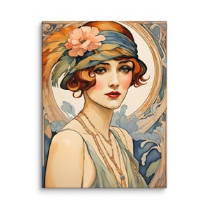 Beautiful red haired flapper woman rendered in the art nouveau style, fashion portrait, cloche hat with feather and flower, bobbed hair, serene expression. Roaring 1920s. Gatsby girl. Gallery wrapped deep canvas print. Multiple sizes. Deco gift.