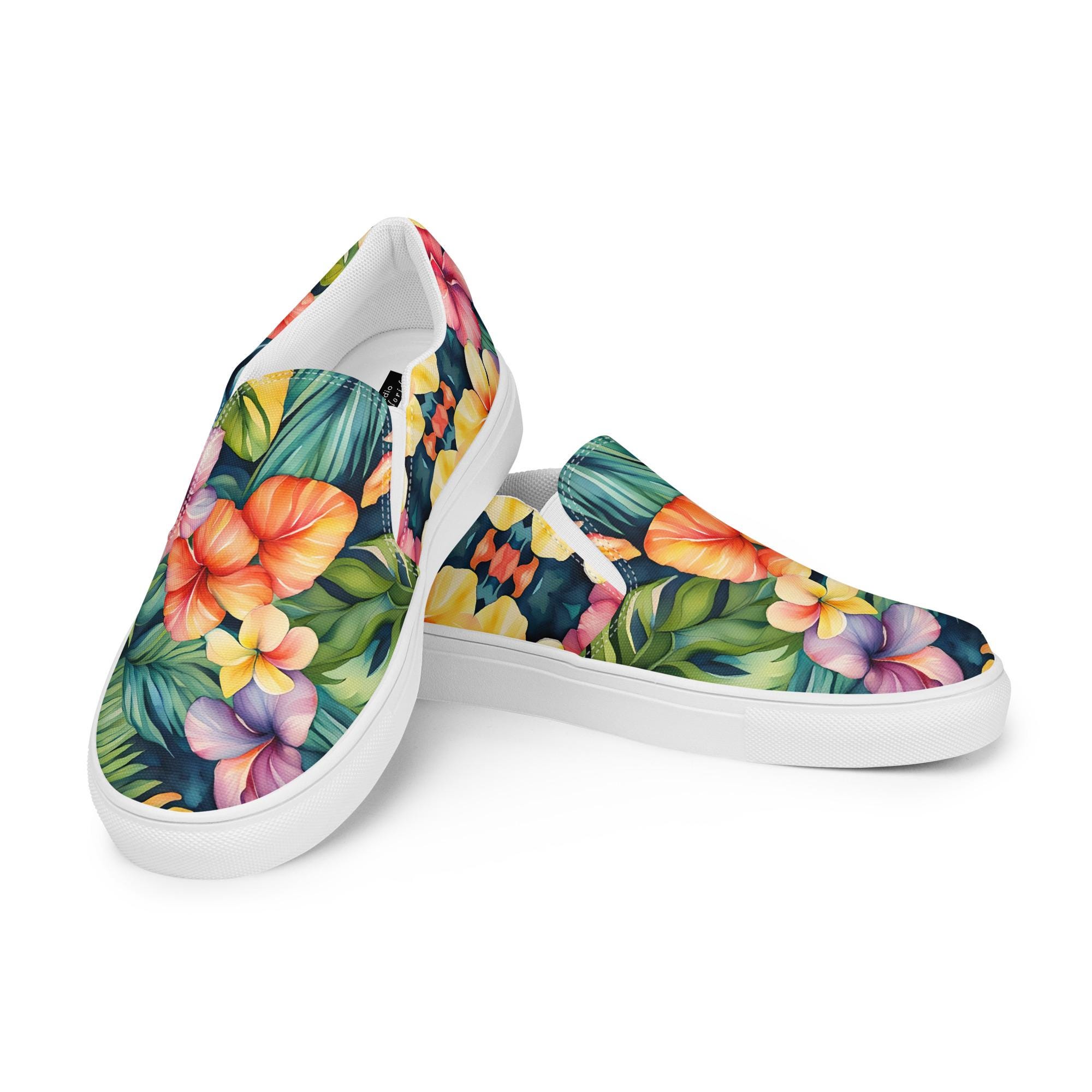 Hawaiian Floral Slip-On Canvas Shoes: Tropical Watercolor Art, Womens, Vans Style Sneakers, Wedding Flats, Resort, Vacation