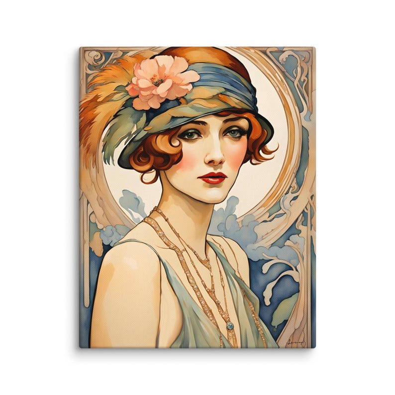 Flapper Canvas Print | Female Wall Decor | Portrait | Gallery Wrapped | Roaring 20s | Art Nouveau Style | Red Hair | Auburn Woman |  Deco