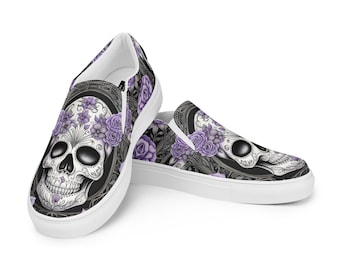 Zapatos de lona sin cordones con calaveras de azúcar para mujer: rosas moradas, calaveras, zapatillas estilo Vans, Día de Muertos, zapatos artísticos, zapatos planos informales.