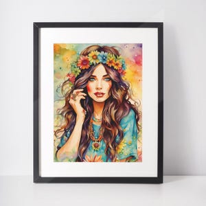 Belleza morena hippie / Impresión giclée / Retrato / Boho / Femenino / Mujer / Niña / Papel mate / Regalo boho / Flores / Decoración de pared / Gitana
