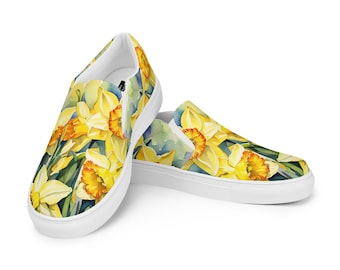 Aquarell Narzissen Damen Slip-on Canvas Schuhe | Gelbe Blumen | Vans-Stil | Blumen-Sneaker | Lässige Hochzeits-Flats | Botanische Kunst