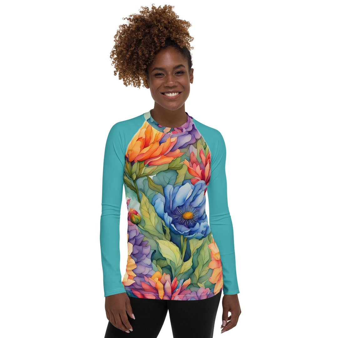 Tropical Flower Women's Rash Guard Hawaiian Print Watercolor Painting ...