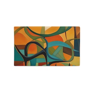 Original abstract art painting in mid century modern tones of olives, rusts, teals and blue, featuring boomerangs and geometric shapes, vibrantly printed on both sides of this linen textured pillow cover. It has a hidden black zipper for easy removal, cover is preshrunk and machine washable. MCM.
