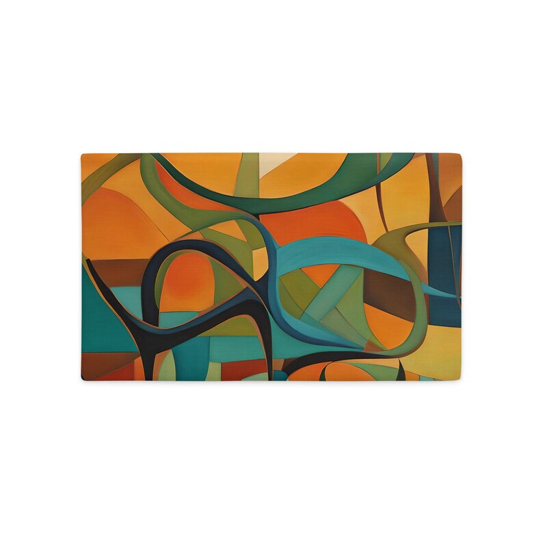 Original abstract art painting in mid century modern tones of olives, rusts, teals and blue, featuring boomerangs and geometric shapes, vibrantly printed on both sides of this linen textured pillow cover. It has a hidden black zipper for easy removal, cover is preshrunk and machine washable. MCM.