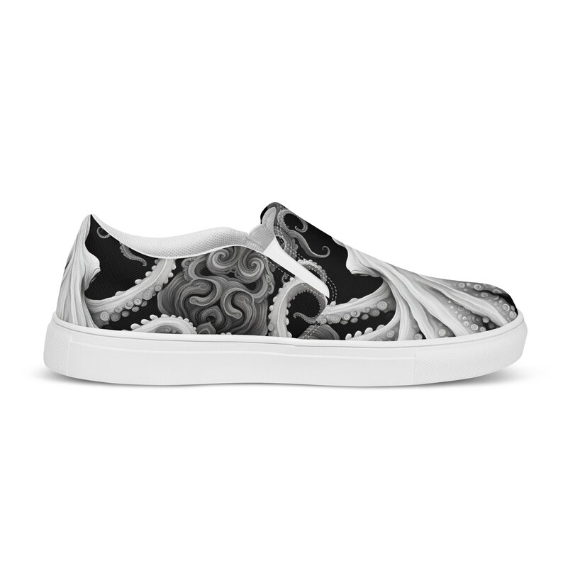 Black, white and grays combine to create these swirling, tentacled arms of this sea monster. Kraken? Octopus? Squid?  The pattern covers the front, side and back panels. The monster peeks over the heels to leave a lasting impression as you walk away.