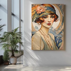 Beautiful red haired flapper woman rendered in the art nouveau style, fashion portrait, cloche hat with feather and flower, bobbed hair, serene expression. Roaring 1920s. Gatsby girl. Gallery wrapped deep canvas print. Multiple sizes. Deco gift.