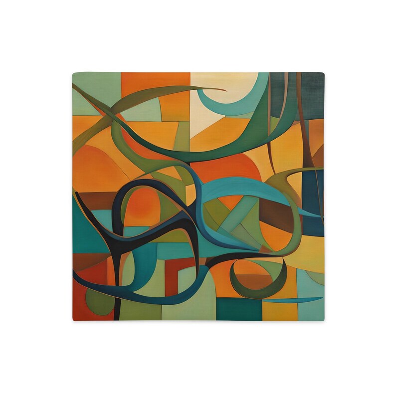 Original abstract art painting in mid century modern tones of olives, rusts, teals and blue, featuring boomerangs and geometric shapes, vibrantly printed on both sides of this linen textured pillow cover. It has a hidden black zipper for easy removal, cover is preshrunk and machine washable. MCM.