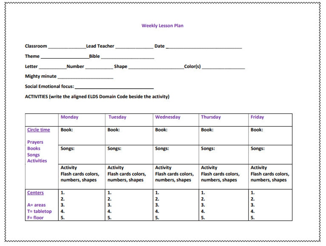 Daycare Lesson Plan Weekly Lesson Plan Daycare Lesson Plan Etsy