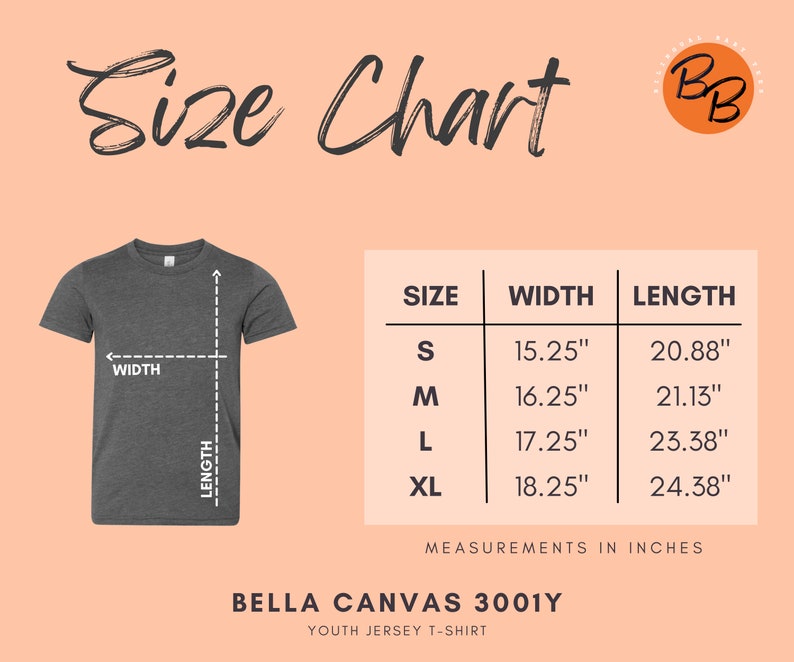 Puede incluir: Tabla de tallas para la camiseta de jersey para j&oacute;venes Bella Canvas 3001Y. La tabla muestra las tallas S, M, L y XL con las medidas de ancho y largo correspondientes en pulgadas.