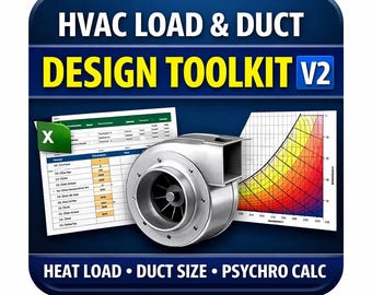 May include: A graphic for an HVAC design toolkit, featuring a metallic blower, spreadsheets, and a graph with a color gradient. The text reads "HVAC LOAD & DUCT DESIGN TOOLKIT V2" and includes the phrases "HEAT LOAD," "DUCT SIZE," and "PSYCHRO CALC."