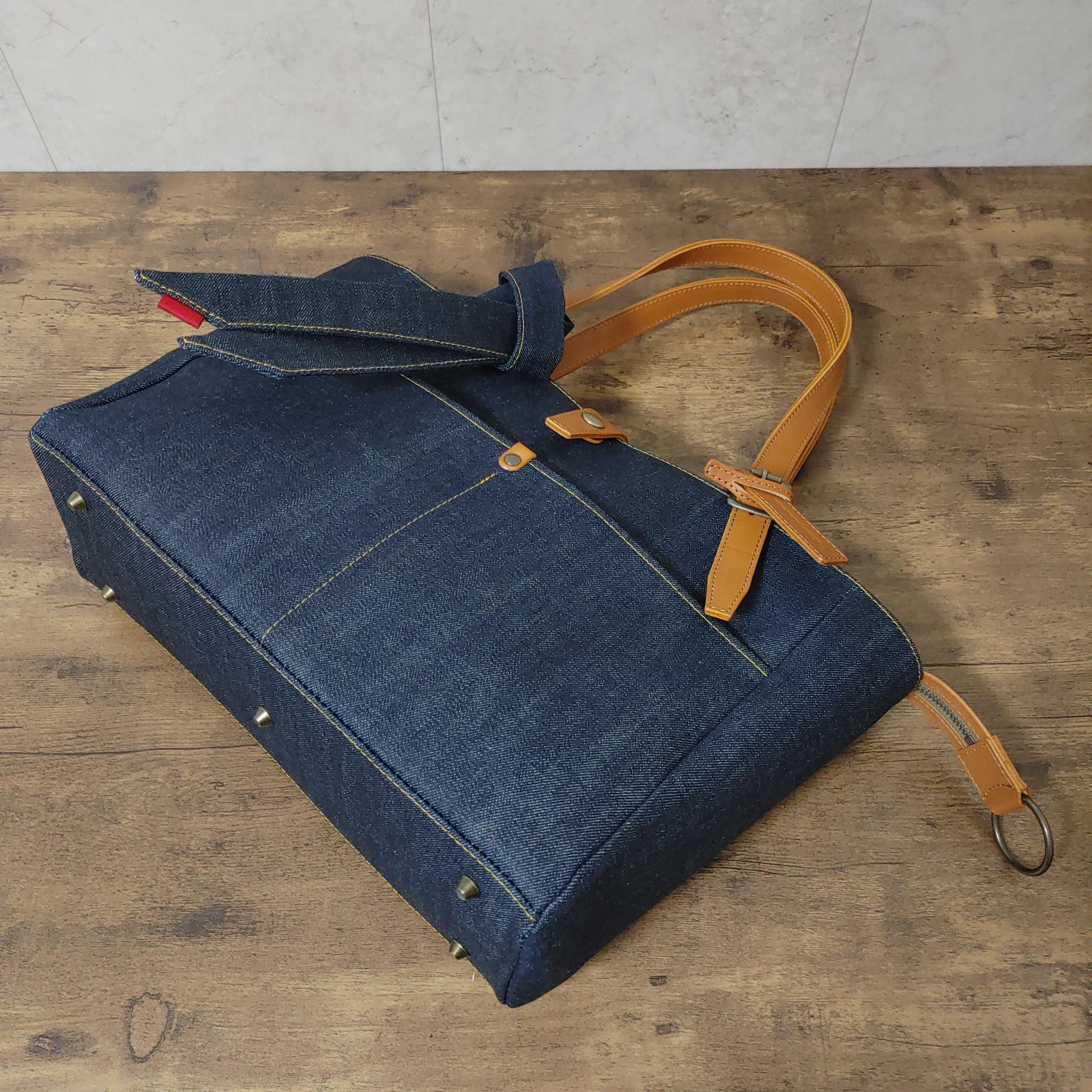 Denim Tote Bag With Leather – Japanese Denim Bag Made in Japan