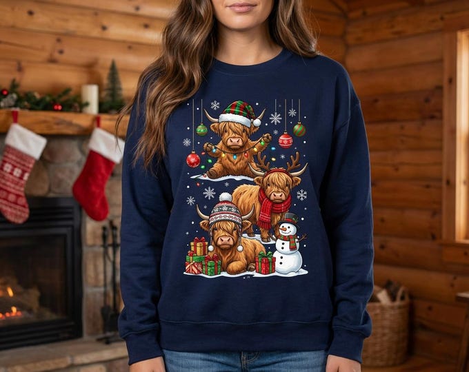 Highland Cow Christmas PNG | Festive Cattle Trio Clipart (Digital Download)