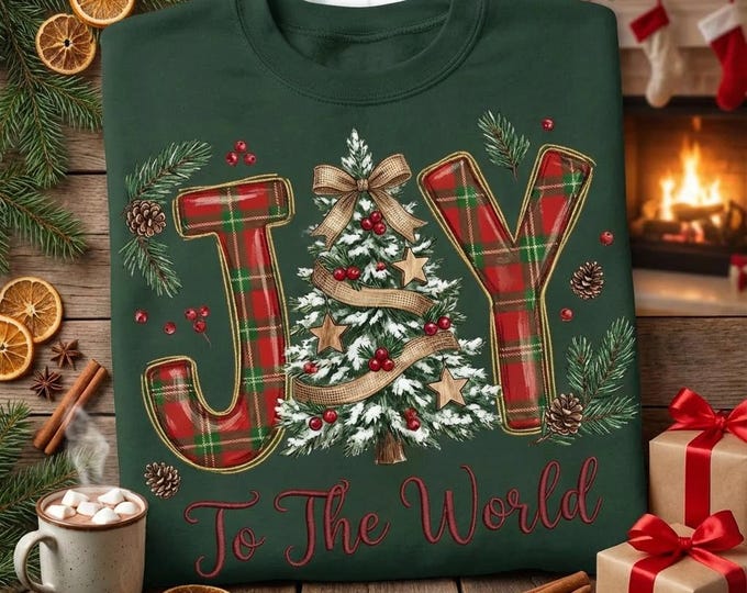 Plaid Christmas Tree Shirt Design • Joy to the World PNG SVG (Digital Download)