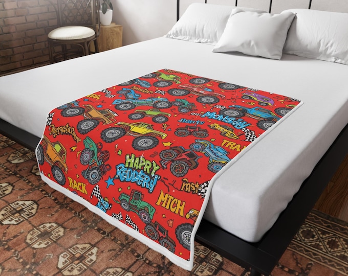 Personalized Monster Truck Blanket: Custom Name Minky Sherpa Throw