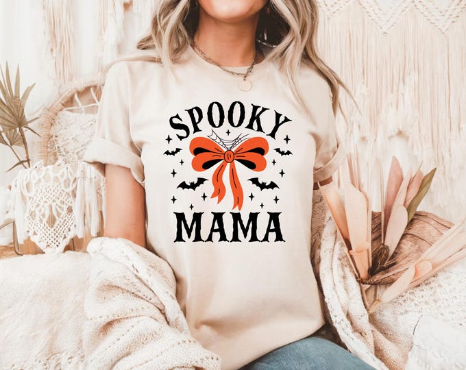 Spooky Mama Shirt | Halloween Graphic Tee for Moms | Cute Fall Pumpkin Bow T-Shirt | Funny Spooky Season Top | Halloween Mom Gift