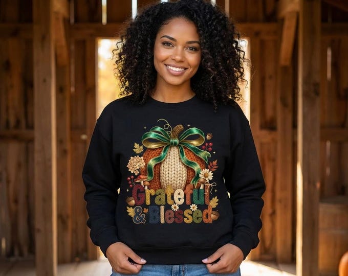 Grateful & Blessed Fall PNG | Cozy Knitted Pumpkin Sublimation Design | Thanksgiving Shirt Graphic | Autumn Digital Download