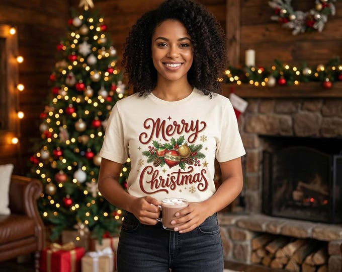 Merry Christmas T-Shirt Design | Festive Holiday PNG | Vintage Ornament Illustration | Digital Download for Sublimation & POD