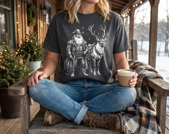 Cowboy Santa Christmas T-Shirt • Western Santa & Reindeer Graphic Tee • Rustic Holiday Shirt • Vintage Christmas Cowboy Design