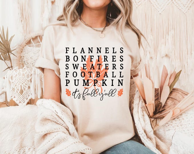Fall Y'all T-Shirt: Autumn Graphic Tee with Pumpkins & Leaves