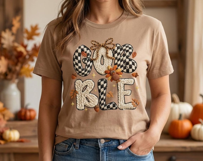 Gobble Fall Embroidery PNG | Chunky Yarn Thanksgiving Clipart | Cute Turkey Autumn Sublimation Design | Cozy Fall Decor