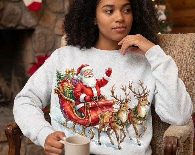 Santa Sleigh Christmas Sweatshirt • Vintage Santa Claus Reindeer Shirt • Holiday Winter Graphic Tee • Festive Xmas Gift Top