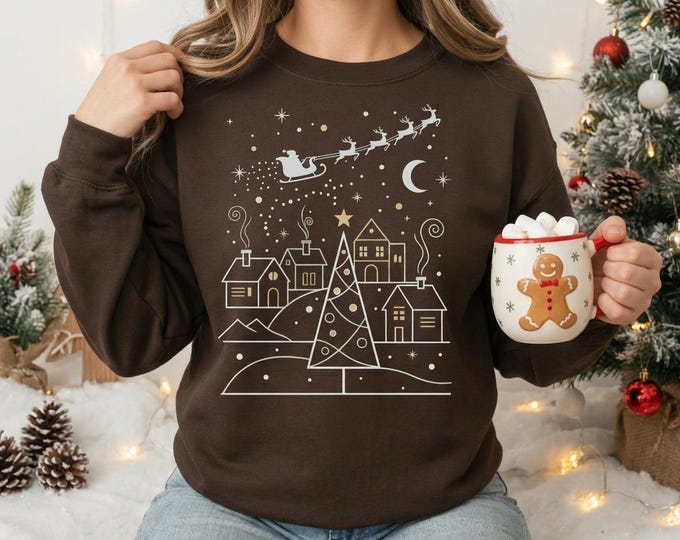 Minimal Christmas Village T-Shirt Design – Cozy Line Art Holiday Illustration for Digital Download