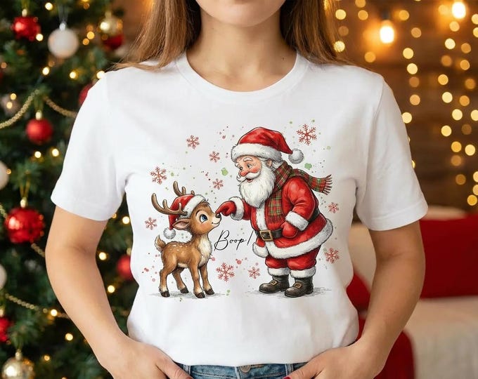 Cute Christmas PNG Digital Download Santa and Reindeer Holiday T Shirt Design Sublimation Printable Winter Clipart for Apparel and Crafts
