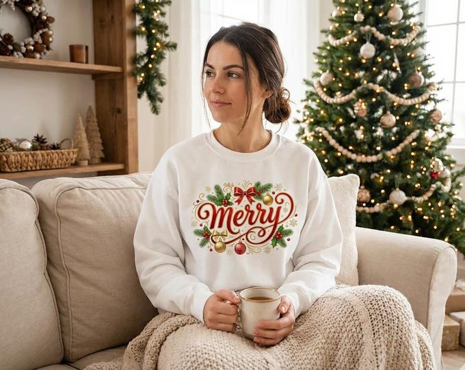Merry Christmas T-Shirt Design • Elegant Holiday Script PNG • Christmas Ornaments & Bow Graphic • Festive Winter Digital Download